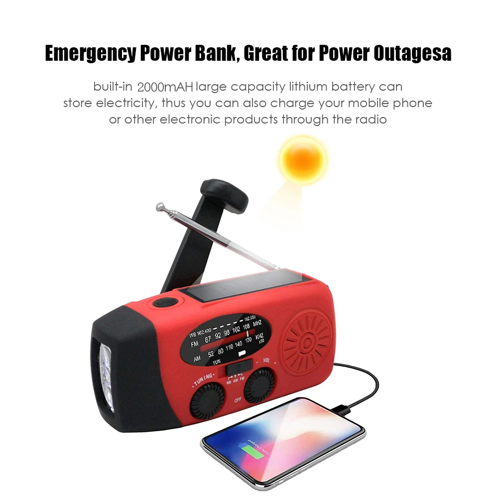 Radio solaire multifonctionnelle alimentée par manivelle FM AM NOAA Radio météo 2000mAh lampe de poche LED d'urgence Dynamo à main BanK de puissance