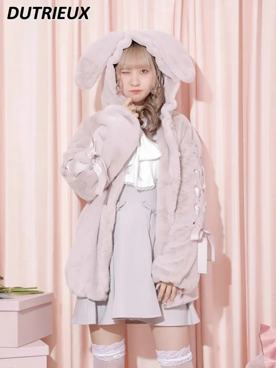 สไตล์ญี่ปุ่น 2023 ฤดูใบไม้ร่วงและฤดูหนาวหวานน่ารักผ้าฝ้ายหนาเสื้อผ้าMine Series Mass-Producedกระต่ายหูPlush Coat