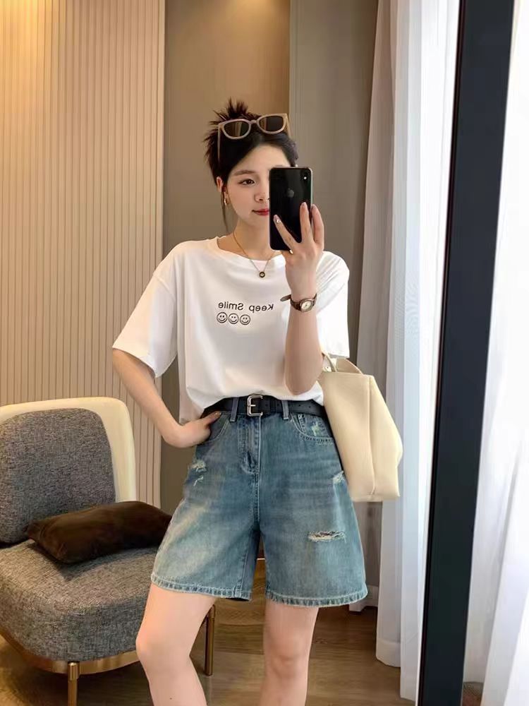 High Waist Denim orts Women's Spring Summer New plus Size Faded Five-Pointed Hole Wide Leg Jeans orts Slimming Effect