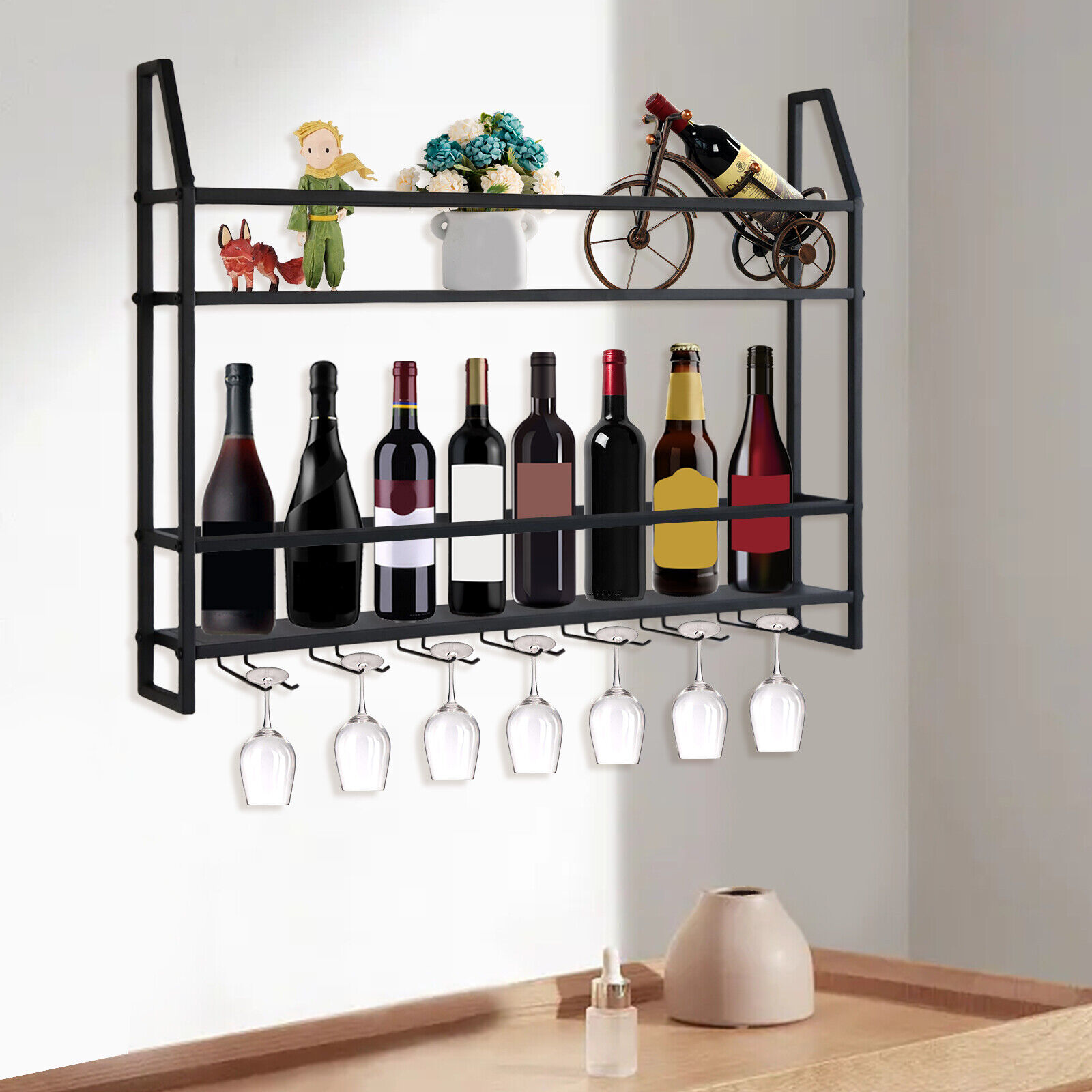 Industrielles Weinregal, 20 Flaschen, Wandmontage, Weinschrank mit 7 Gläserhaken, Metall-Weinregal für Zuhause, Bar, Restaurant
