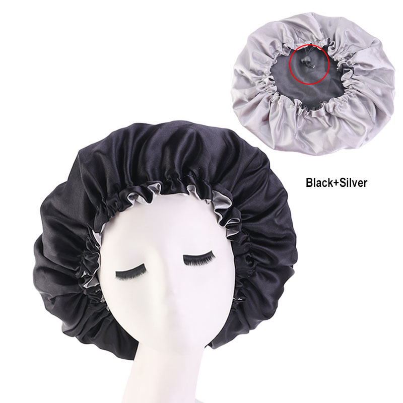 Neue Frauen Solide Reversible Satin Motorhaube Für Lockiges Haar Kappe Doppel Schicht Einstellbare Schlaf Kappe Elastische Haar Kappe Haarpflege Nacht Hut