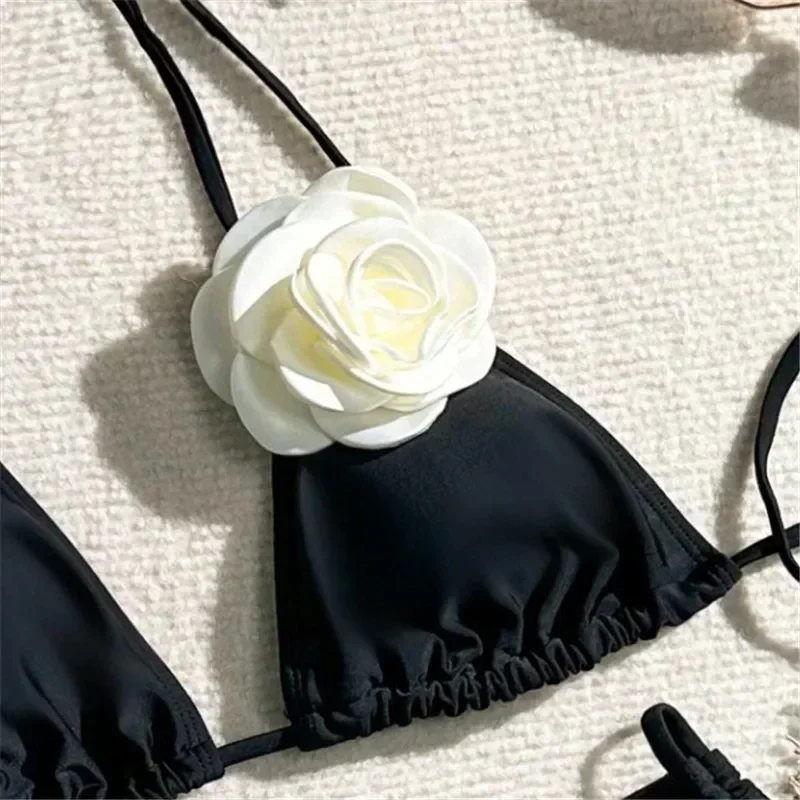 Sexy 3D fleur noir Triangle Bikinis ensembles Micro String maillot de bain femmes String licou maillot de bain Bikini 2025 Mujer Biquinis nager