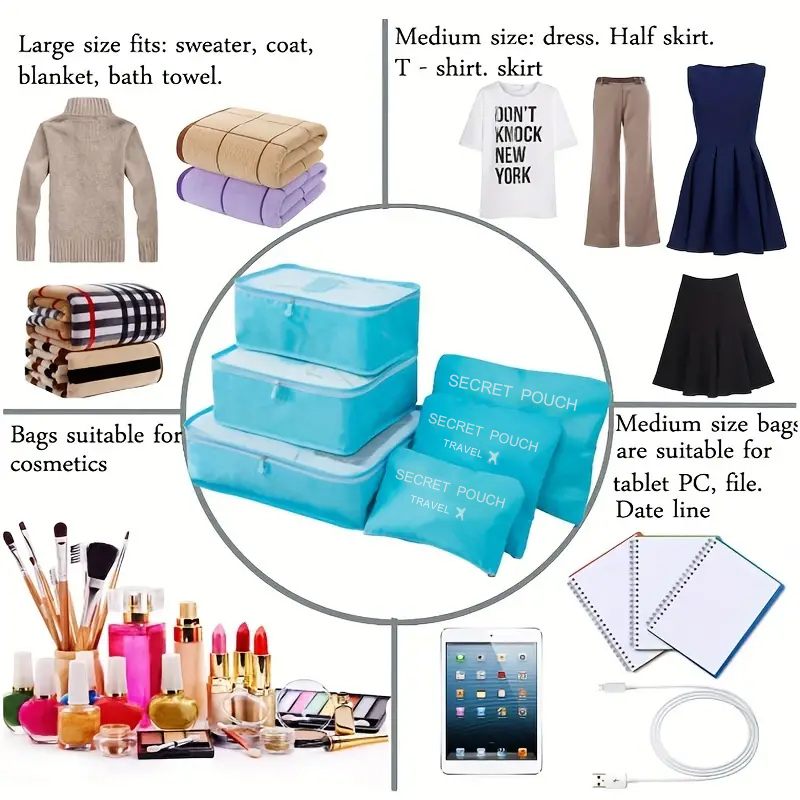 6 pçs saco de armazenamento de viagem grande capacidade bagagem roupas classificação organizador conjunto mala bolsa caso sapatos embalagem cubo saco