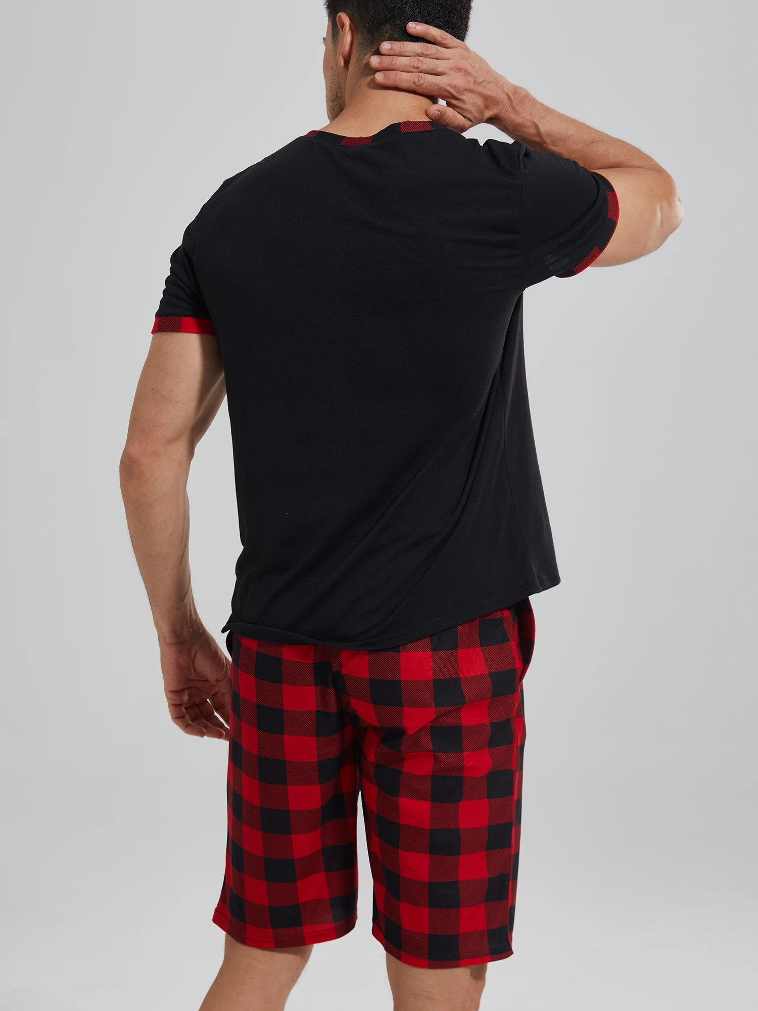 Conjuntos de pijama masculino manga curta xadrez pijamas para homem conjunto de pijama macio lounge pijamas calças pj com bolsos shorts com cordão camisas