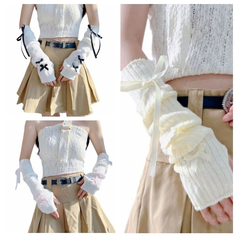 Elastic Knitted Bow Arm Sleeves Ballet Style Warm Half Finger Long Gloves Y2K Korean Style Long Wrist Gloves
