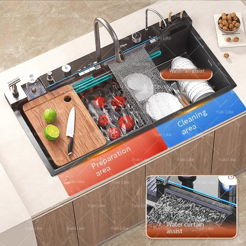 100 x 50 cm Edelstahl-Wasserfall-Küchenspüle mit Messerhalter, Digitalanzeige, Wasserhahn-Set, geprägt, extra groß, Einzelschlitz