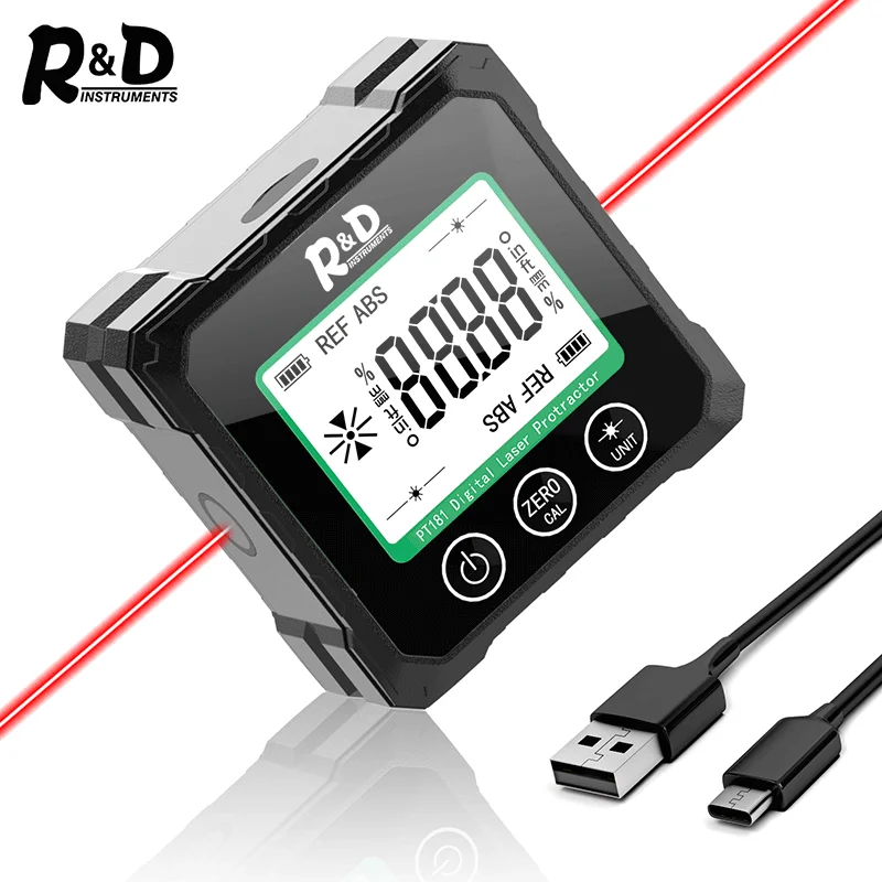 R & D PT180 PT181 Laser Kỹ Thuật Số Protractor Đo Góc Inclinometer Laser 3 Trong 1 Cấp Độ Hộp Loại-C sạc Thước Đo Góc Cho Gia Đình