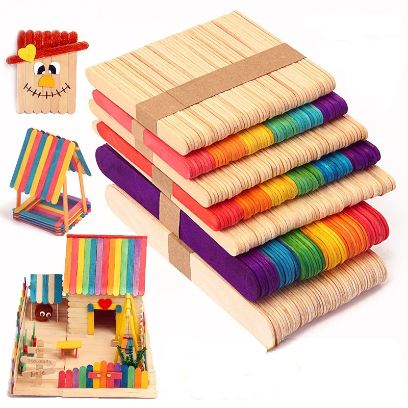 ศิลปะสร้างสรรค์ 50 ชิ้น DIY ไม้ Sticks งานฝีมือมือ Ice Cream Sticks ที่มีสีสันของเล่นเพื่อการศึกษาเด็ก Handmade วัสดุเด็กของขวัญ
