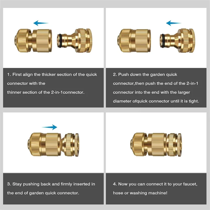 Conector de manguera de jardín, conector de grifo de jardín de latón macizo, conector de grifo 2 en 1 de 1/2 pulgadas y 3/4 pulgadas, accesorios de manguera de conexión rápida