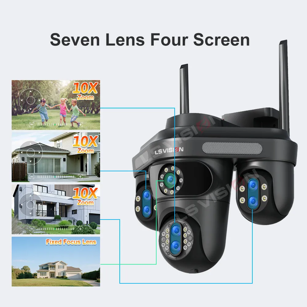 LS VISION 10XZoom 4 Screens WiFi IP Camera Outdoor 35MP 7 Lenses Video Surveillance Three 360 PTZ Auto Tracking Security Cameras