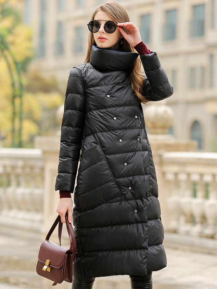 新しい女性両面ロングスリムダウンジャケット冬 90% ホワイトダックダウンコート女性ダブルブレスト暖かいパーカー雪生き抜くコート