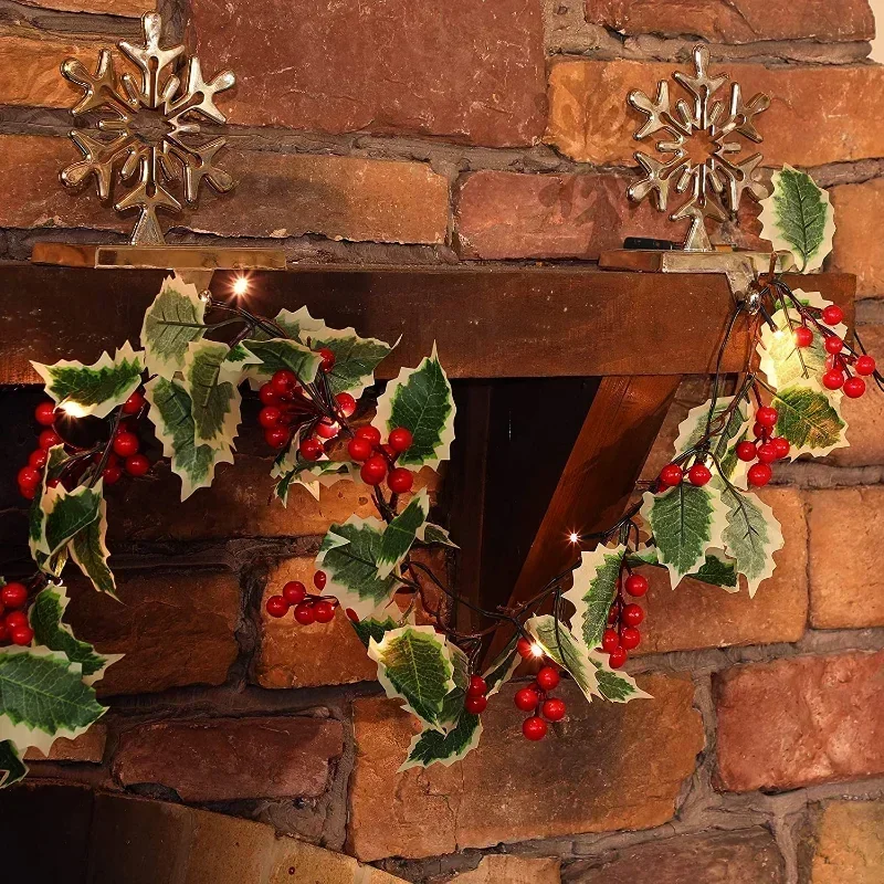 2メートルのクリスマス花輪光人工赤ベリーホリー葉アイビーつる籐花輪クリスマスツリーのオーナメントホームデコレーション