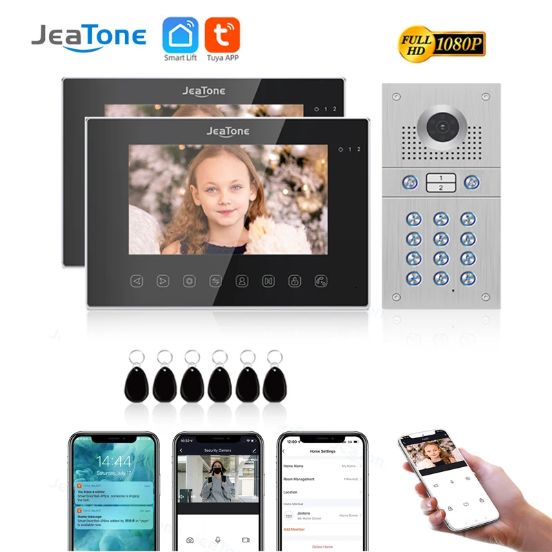 Jeatone Wifi Tuya Smart Video Tür Telefon Video Intercom Code Tastatur/RFID-Karte/App Entsperren Bewegungs erkennung für 2 Einheiten Wohnung