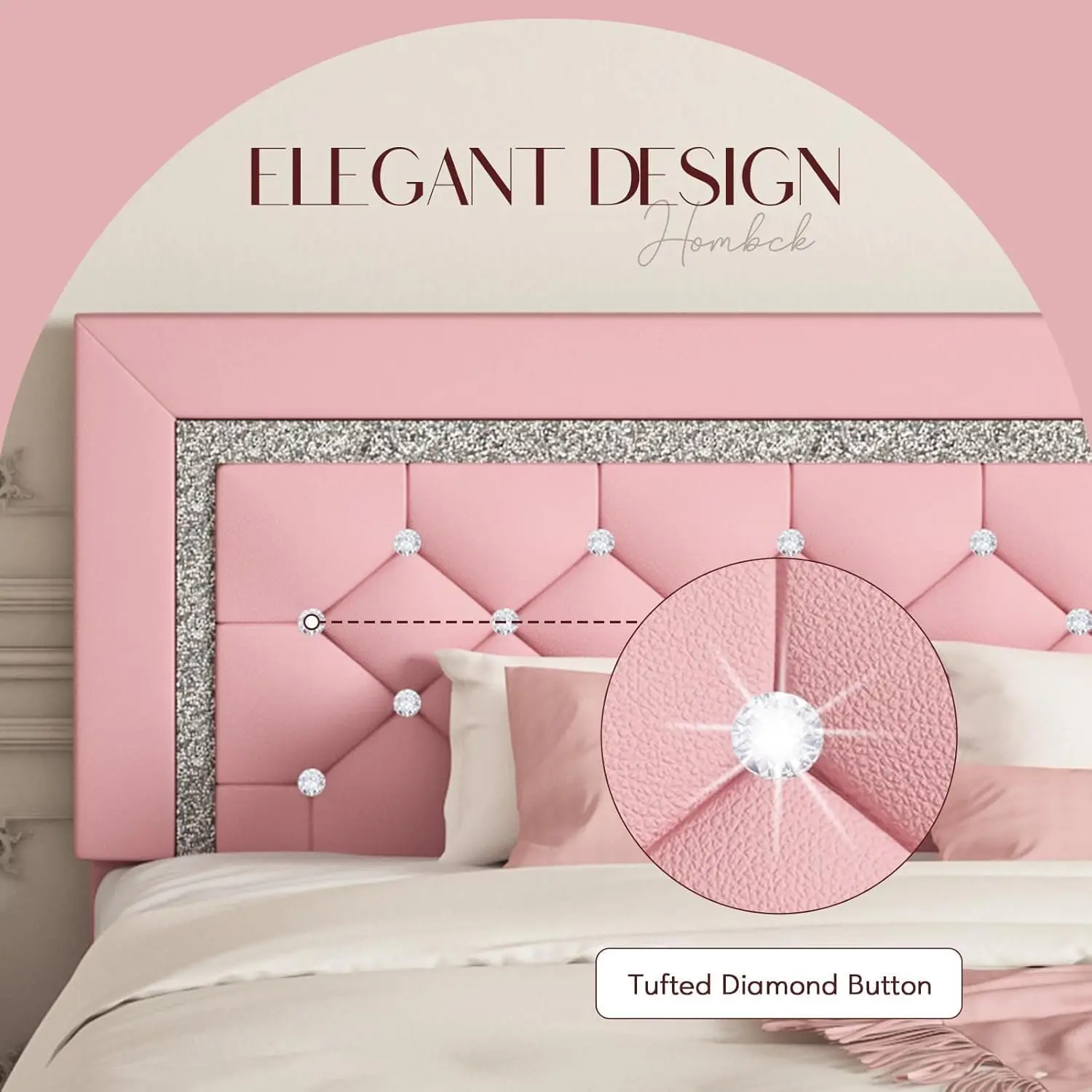 Twin Bed Frame, Pink Upholstered Bed Frame Twin Size with Diamond Tufted Headboard, Girls Twin Bed Frame with Faux Leather