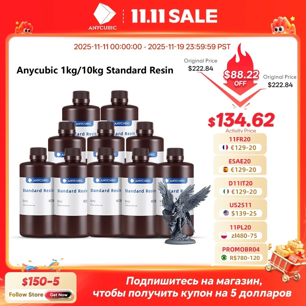 Anycúbico 1kg/10kg resina padrão fotopolímero líquido 405nm resina uv para impressora 3d material de resina de impressão lcd para fóton mono