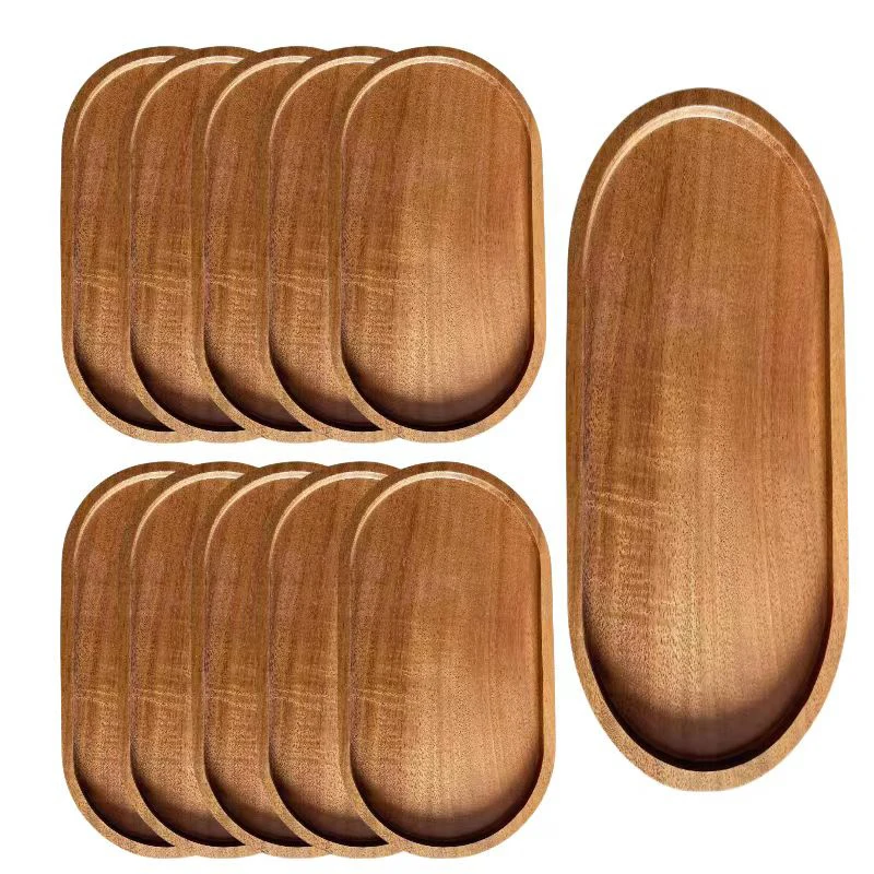 Bandejas de madera ovaladas para servir comida, platos de cena, plato de postre redondo de madera maciza, 1 ud.