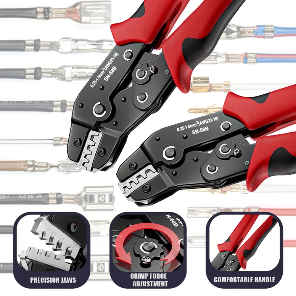 SN-58B Ratchet Crimping Plier Crimper Tool 0.25-1.5mm² AWG24-16for Dupont,TE,JST,Molex Terminal Wire Electrical Pliers
