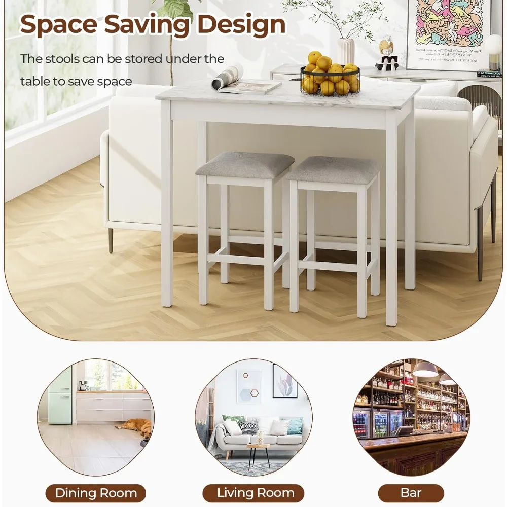 3-Piece Dining Table Set, Counter-Height Bar Table with 2 Upholstered Bar Stools, Rubber Wood Legs, Anti-Slip Foot Pads,