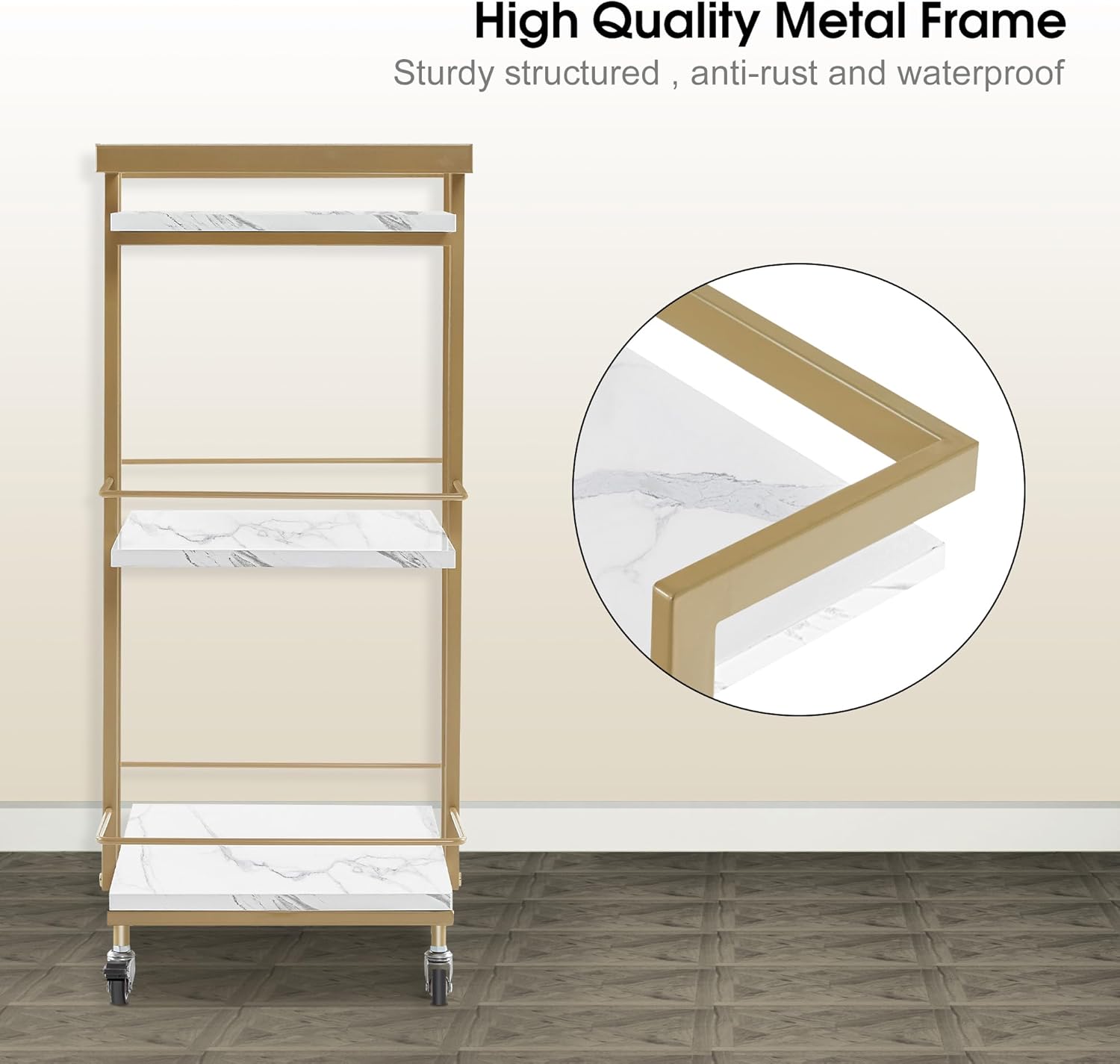 Utility Salon Trolley, Metal Storage Rolling Barber Trolley with Wheels, Golden Esthetician Cart