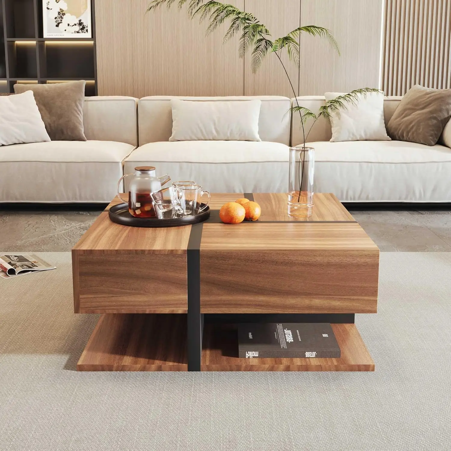 Coffee Table with 4 Drawers Unique Color Matching and Line Design Storage Space at the Bottom 78 * 78 * 36cm (White)