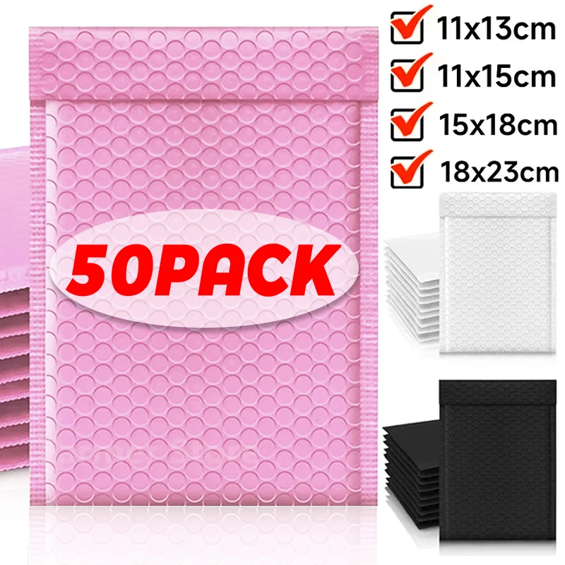 Envelope de bolha preto/rosa, 10-50 peças, auto selo, acolchoado, pacotes de envio à prova d'água para joias, suprimentos de maquiagem
