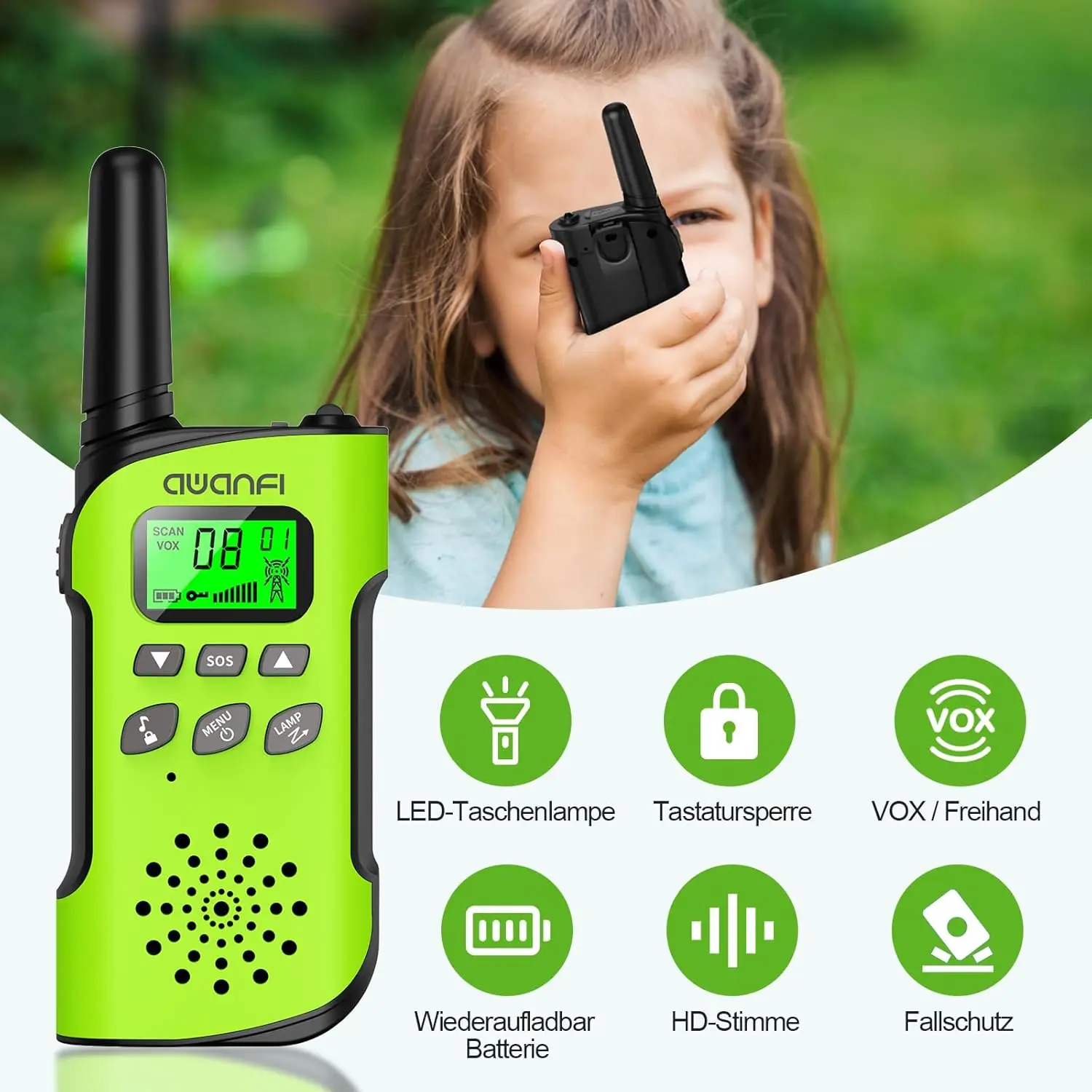 AWANFI Walkie Talkie 2er-Pack, wiederaufladbar Walky Talky mit Li-Ionen-Akku, Funkset, als Geschenk/Camping/Abenteuer