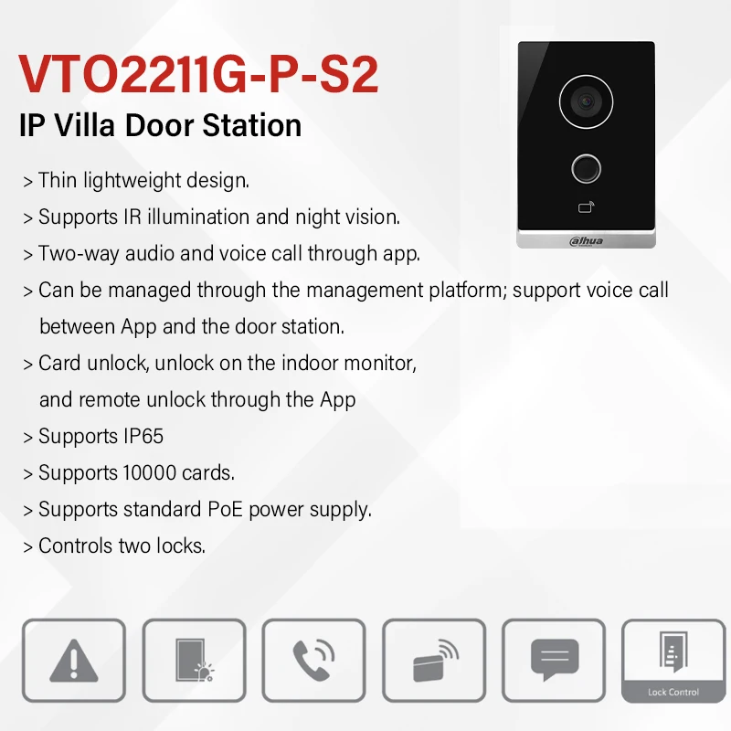 Dahua VTO2211G-P-S2 PoE Video-intercom HD IR Nachtzicht Tweerichtingsgesprek Deurbel IP-camerabediening 2 sloten IC-kaart APP Ontgrendelen
