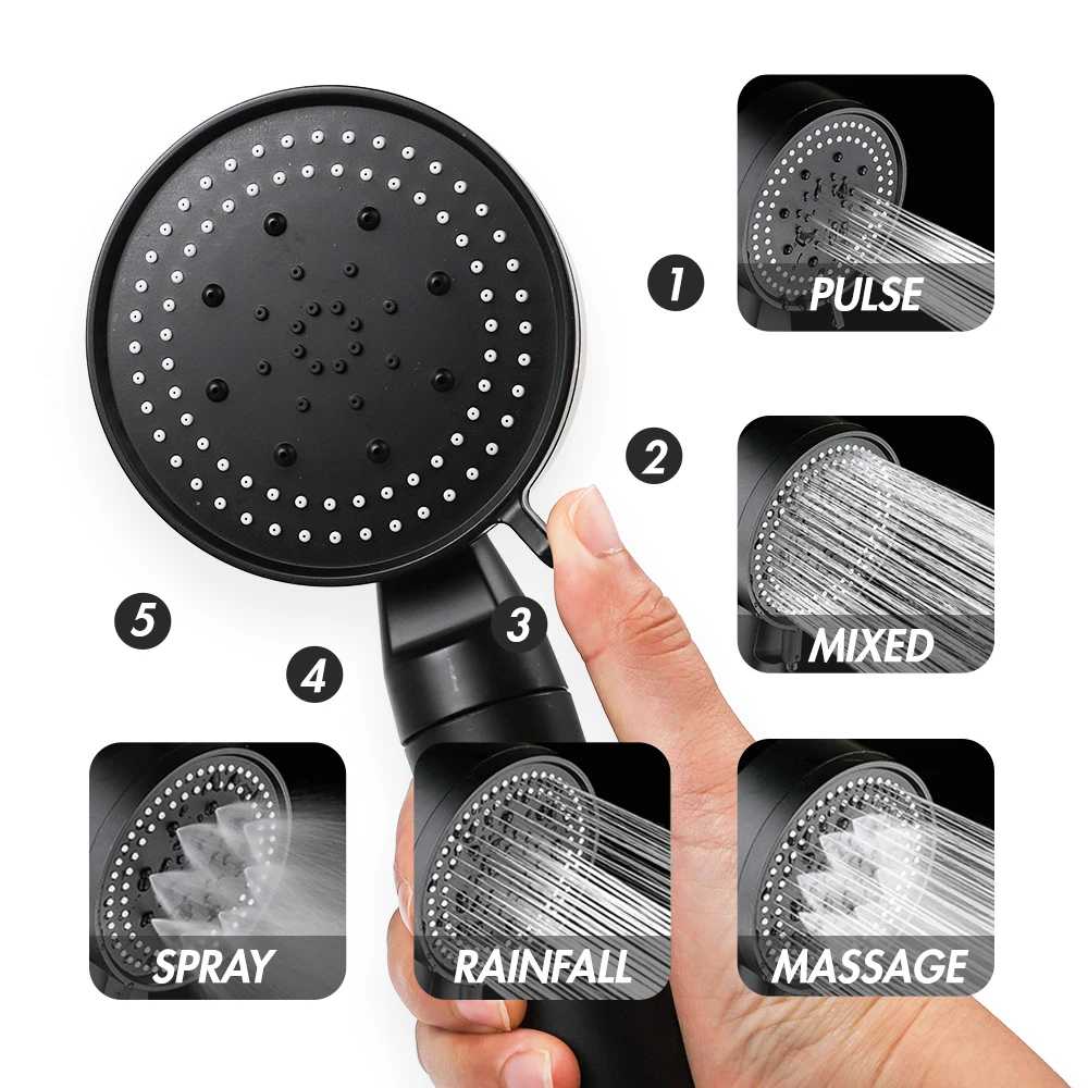 Cabezal de ducha de alta presión, cabezal de ducha de mano de 5 configuraciones con interruptor de botón de apagado completo, Control de flujo, ahorro de agua