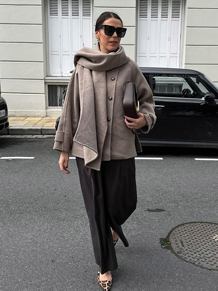 Chaquetas cortas con cuello de bufanda elegante para mujer, chaqueta informal holgada de color caqui con una sola botonadura, ropa de calle alta elegante para otoño e invierno
