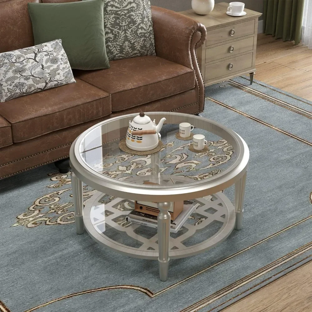 Round Coffee Table, MDF Sofa Table with Storage Open Shelf, Double-Tempered Glass Living Room Table, End Table for Livin