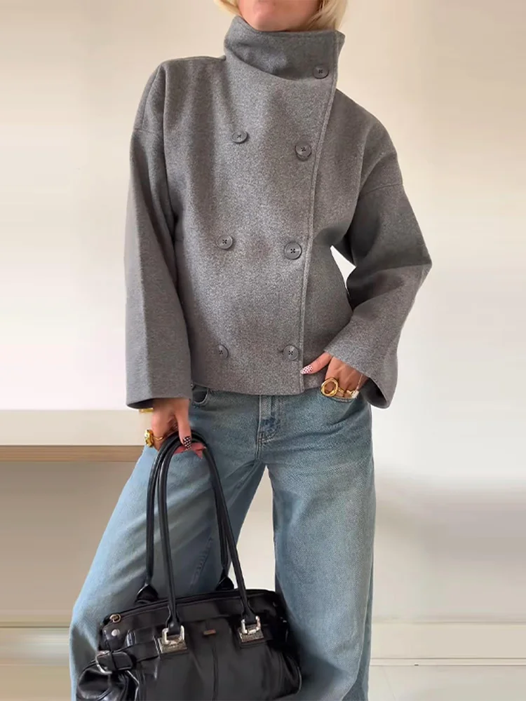 Sólido gola alta duplo breasted bolso casacos feminino casual solto manga cheia jaqueta feminina 2025 outono senhora do escritório jaquetas