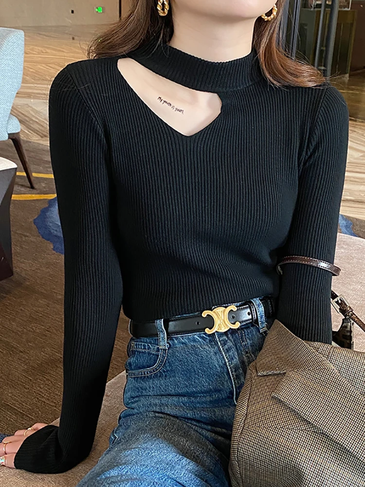Basic Hollow Outเสื้อกันหนาวผู้หญิงฤดูใบไม้ร่วงฤดูหนาวSlimจัมเปอร์นุ่มดึงผู้หญิงPulloverถักเสื้อกันหนาว 2025