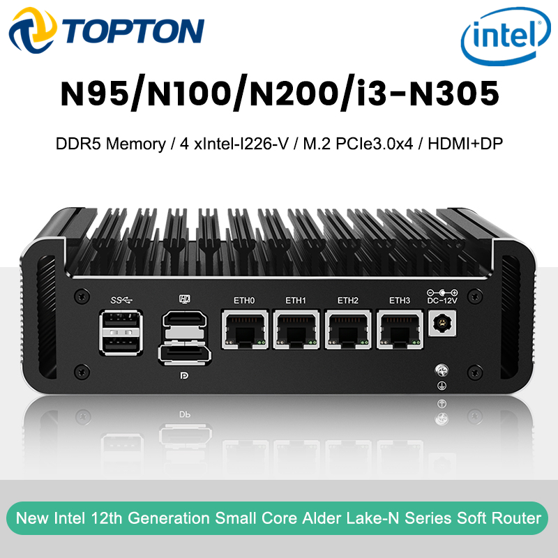 Solid Firewall Mini-PC Intel Core 3 N355 N305 8 Core N150 N100 DDR5 2xNVMe 4xi226-V 2,5G Lüfterloser Soft-Router Proxmox Host-Server