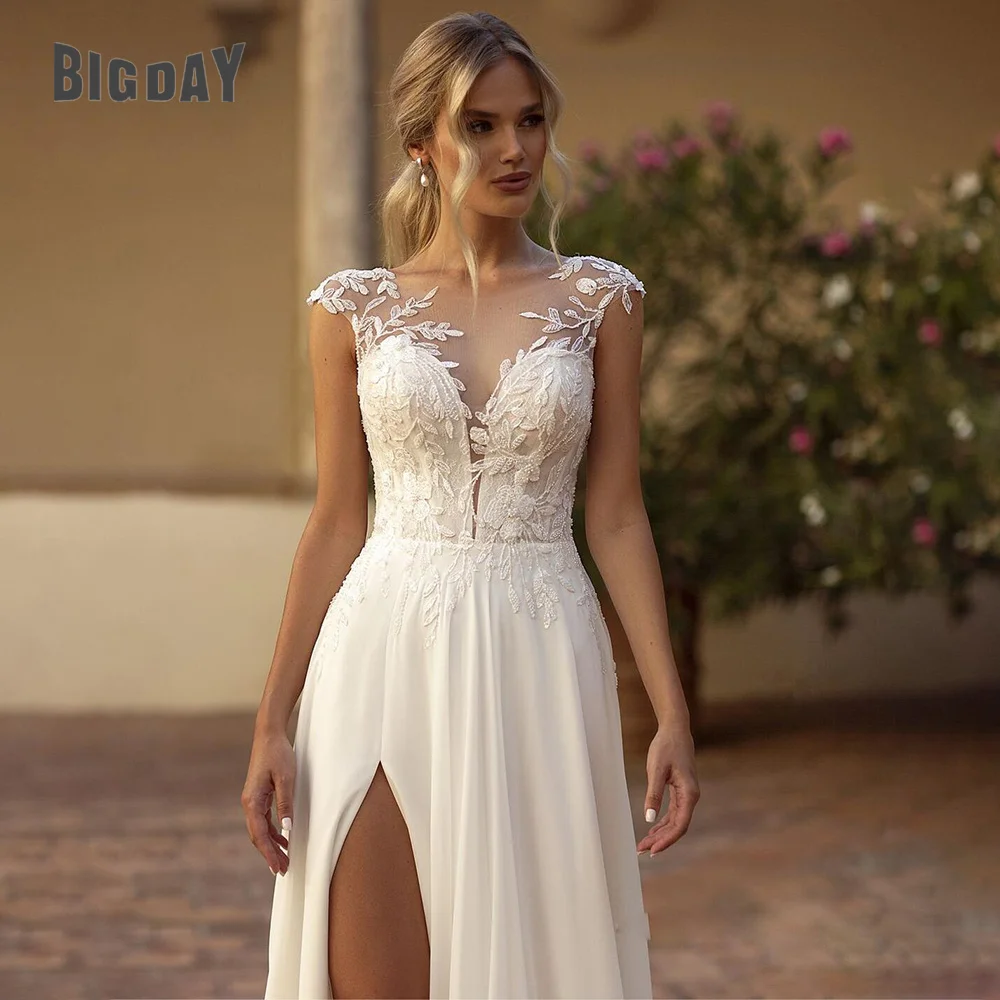 Elegante abito da sposa in pizzo Boho in chiffon O-Collo Illusion Back Side Split Applique Abito da festa da sposa Abiti da sposa personalizzati