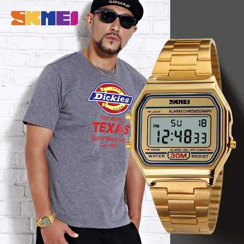 Skmei moda hombres correa de acero inoxidable pantalla LED 3Bar Reloj Digital impermeable Reloj Hombre para Casual 1123 relojes deportivos