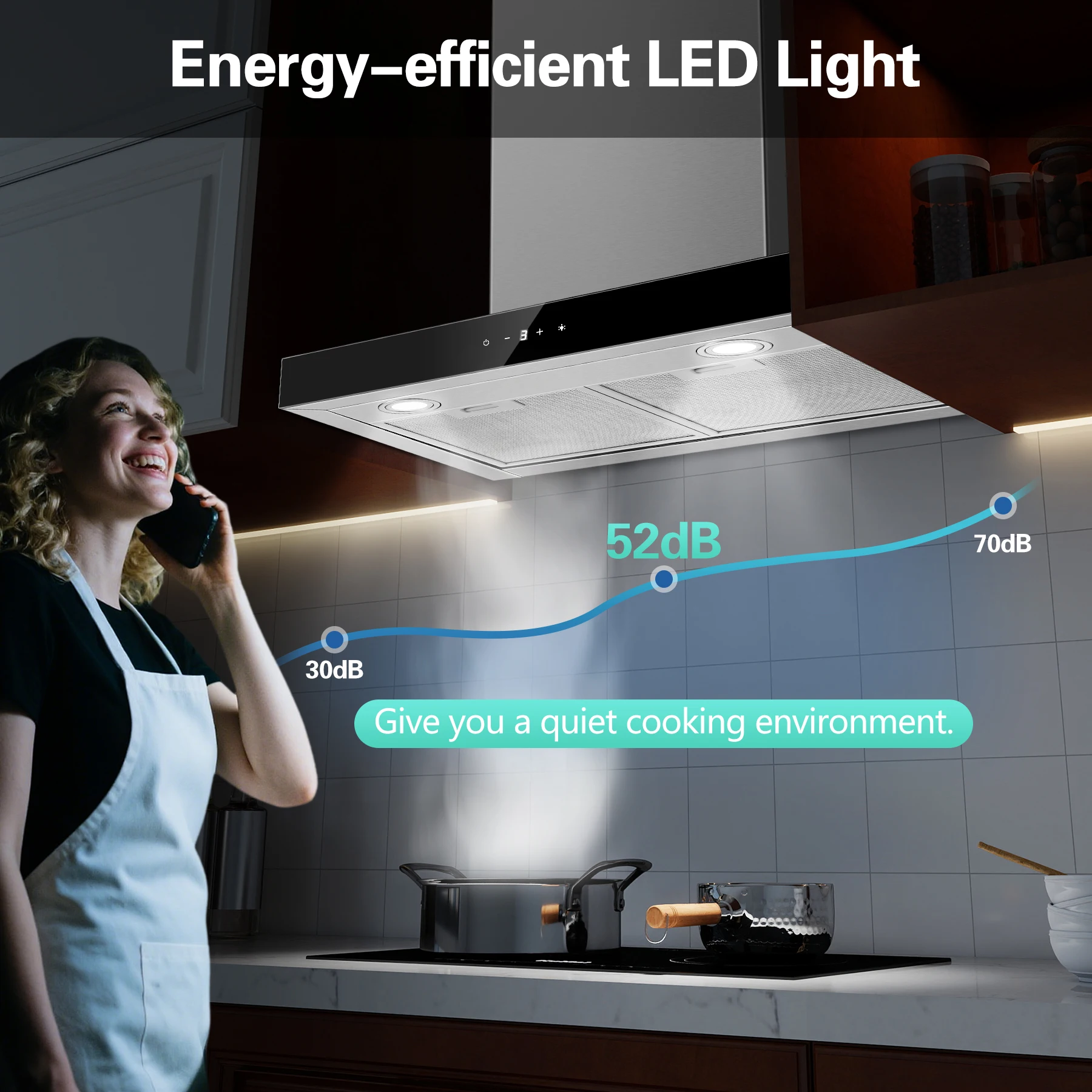 Topstrong 60 cm Wandmontage, 400 m3/h A+++, LED-Touch-Control-Abluftventilator aus Edelstahl, leise, 52 dB, Küchenhaube
