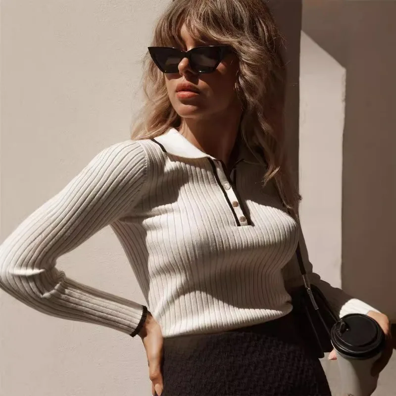 Talenza Herbst Strickpullover Damen Langarm Patchwork Pullover Top Enger Boden Colorblock Revers Strickpullover Top