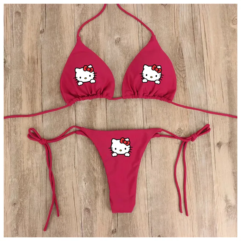 かわいい水着女性ツーピースハローキティプリントビキニセットかわいい女の子セクシーな調節可能な下着ブラジャー Tバック女の子ビーチウェア夏