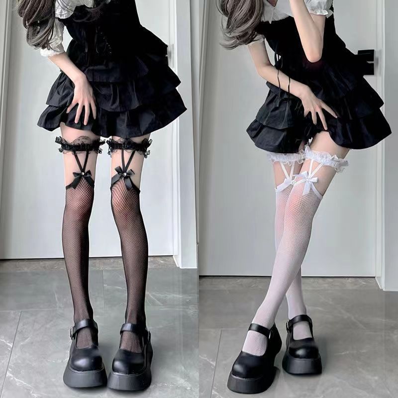 Calzini da donna Primavera Estate Calzino Lolita Calzino lungo a tubo Sottile JK Girl Calzini Lolita Calze a rete Bretelle di pizzo Calzini Moda