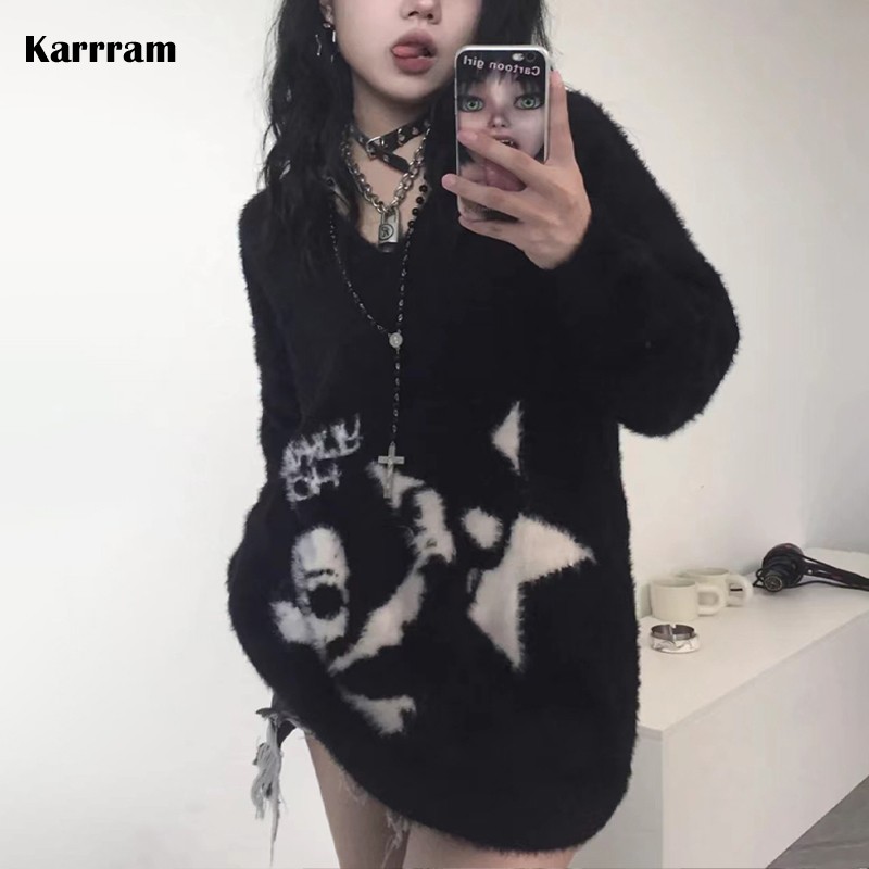 Karrram-ゴシックセーター,ルーズフィット,Vネック,原宿,グランジセーター