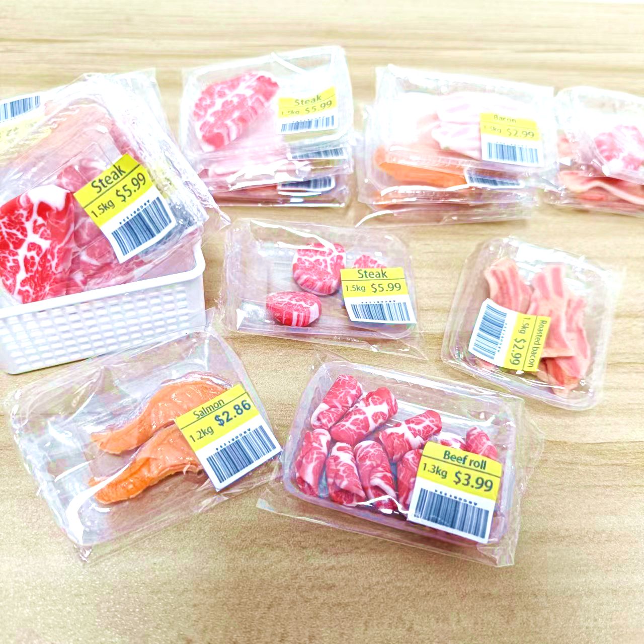 ใหม่ Miniature ซูเปอร์มาร์เก็ตอาหารจําลองสเต็กปลาแซลมอนเบคอนเนื้อม้วนสําหรับตุ๊กตา House MINI KITCHEN Clay อุปกรณ์เสริมอาหาร