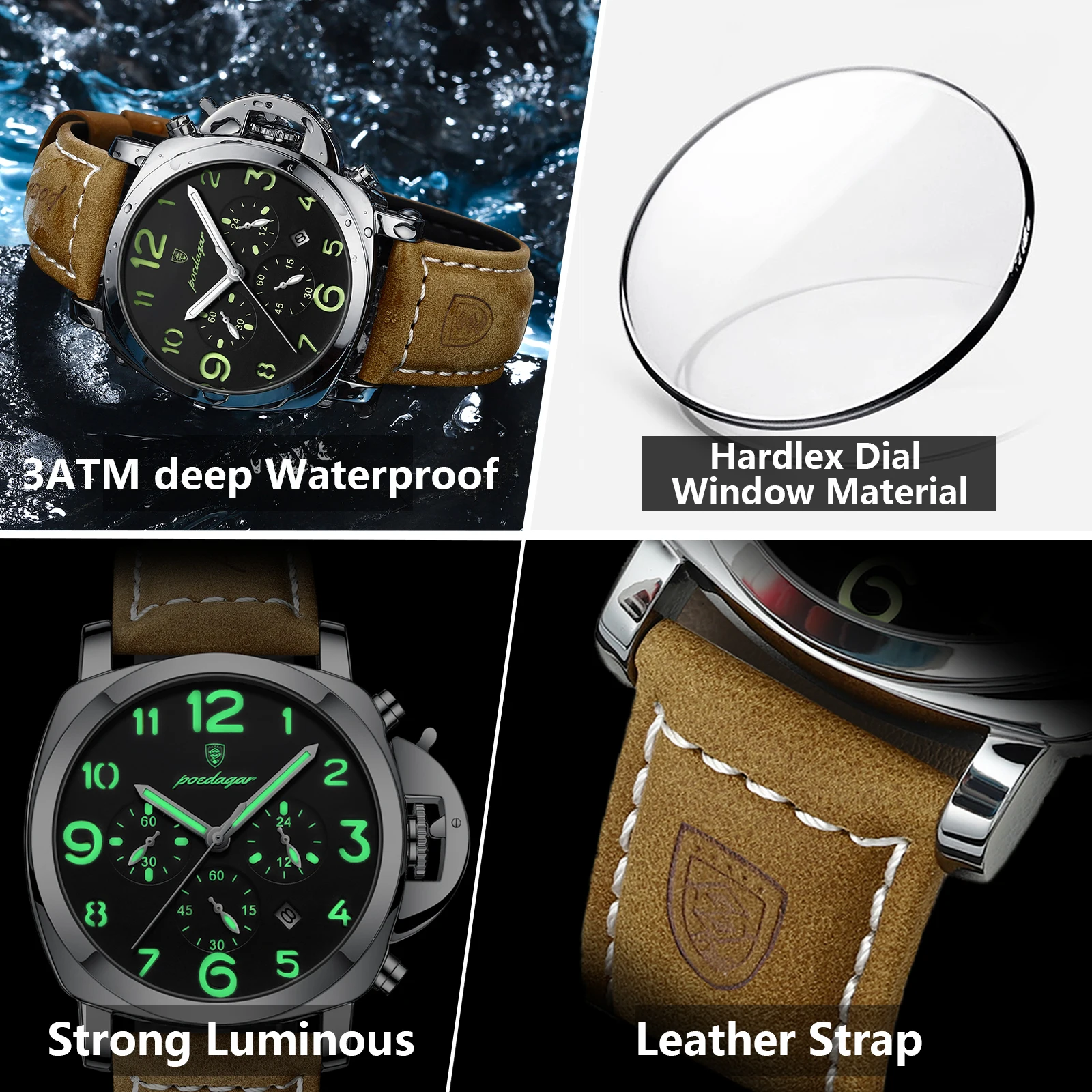 Reloj POEDAGAR de lujo para hombre, cronógrafo resistente al agua, reloj luminoso con fecha para hombre, relojes de cuarzo militares deportivos de cuero informales para hombre