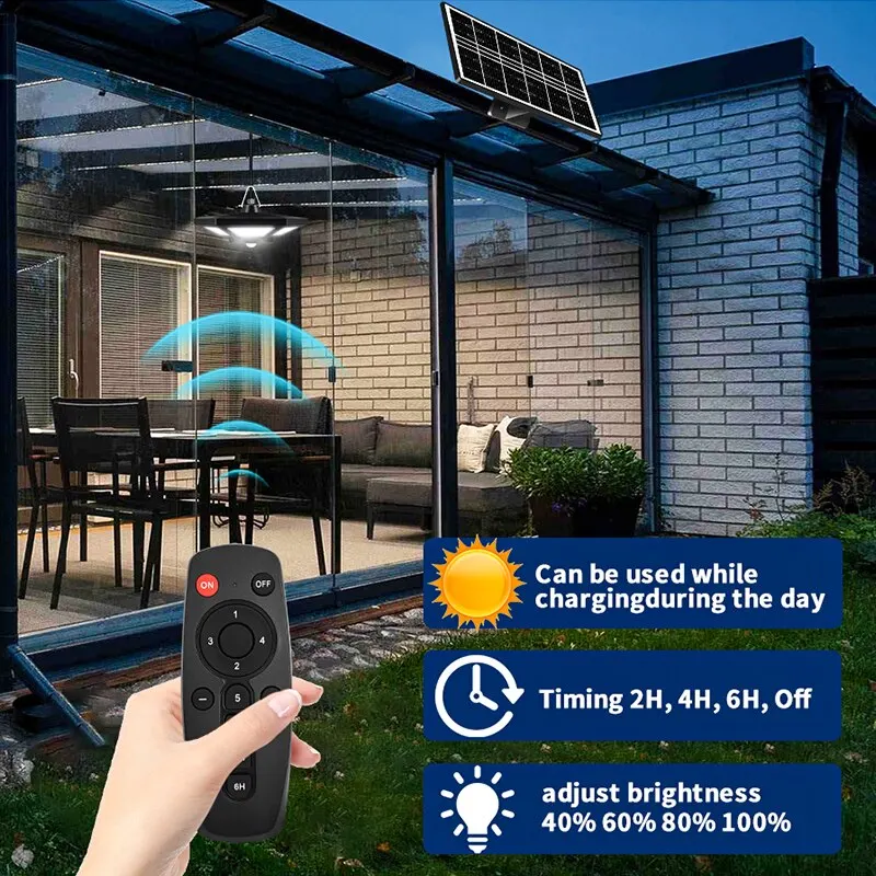 Pingente solar para garagem de celeiro Gazebo, Lâmpada solar com controle remoto, Shed interior e exterior, 180 LED, 1000LM