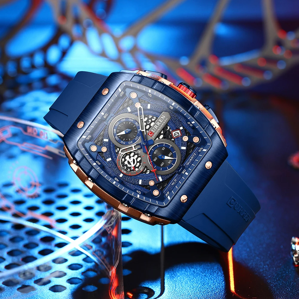 Reloj CURREN deportivo cronógrafo de cuarzo para hombre, reloj de pulsera con esfera Tonneau y correa de silicona azul a la moda con fecha resistente al agua hasta 3atm