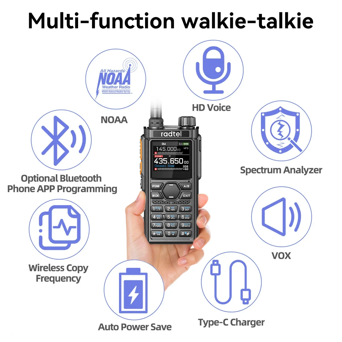 Radtel RT-910B Bluetooth programowanie aplikacji 5W 6M Walkie-talkie 45-59MHz TX/RX, 960 kanałów, AM/FM, pasmo lotnicze, spektrum typu C
