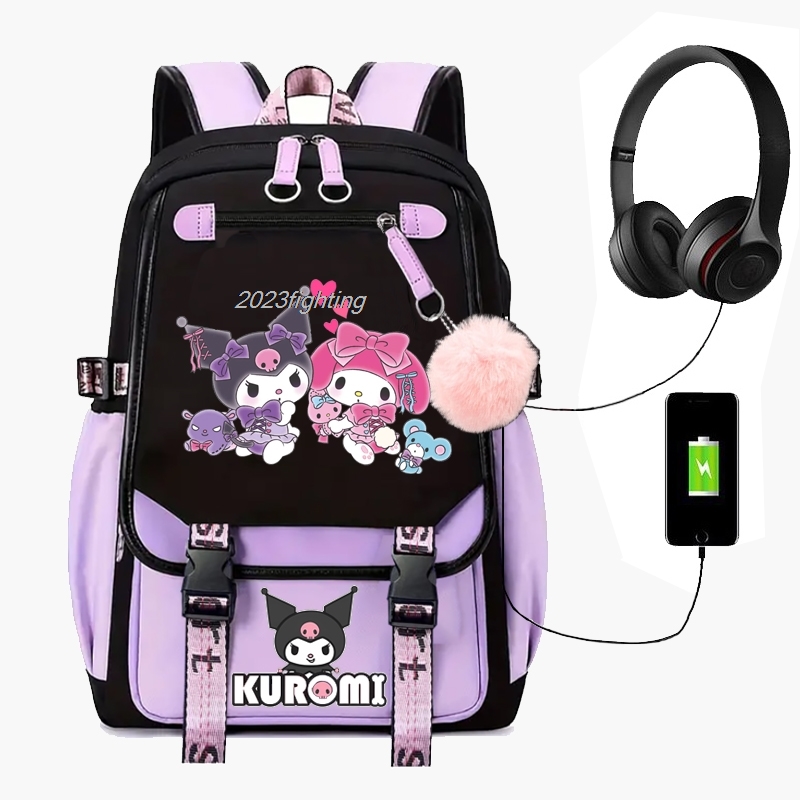 사랑스러운 Kuromi 멜로디 배낭 코스프레 남여 학생 학교 가방 패치 워크 만화 Bookbag 노트북 여행 야외 Mochilas