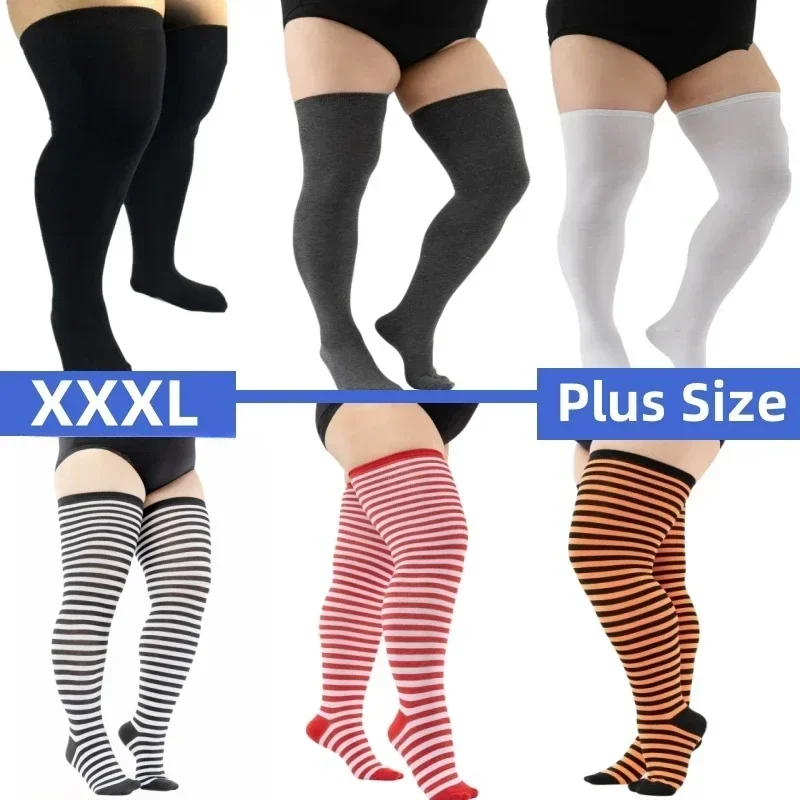 Calcetines hasta el muslo para mujer, medias de talla grande, calcetines hasta la rodilla de gran tamaño para mujer, calcetines blancos grandes y largos a rayas negras 3XL