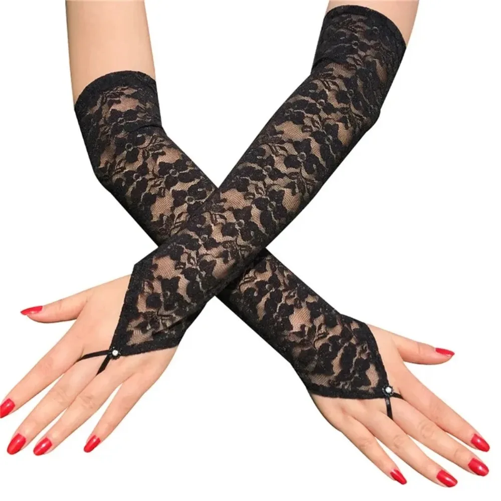 Sexy floral impressão luvas sem dedos feminino estiramento longo gancho dedo brilhante diamante rendas luvas