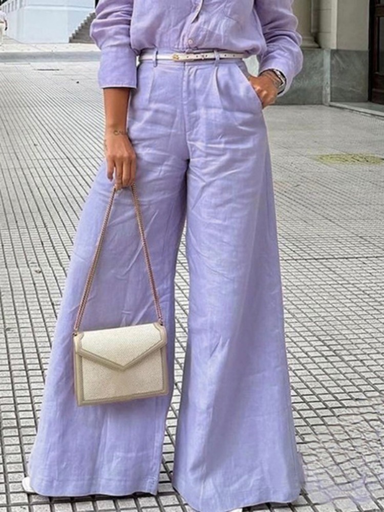 Bonboho Calça feminina de algodão e linho, cintura alta, pernas largas, com bolsos, verão 2021, minimalista, cor sólida, casual, escritório