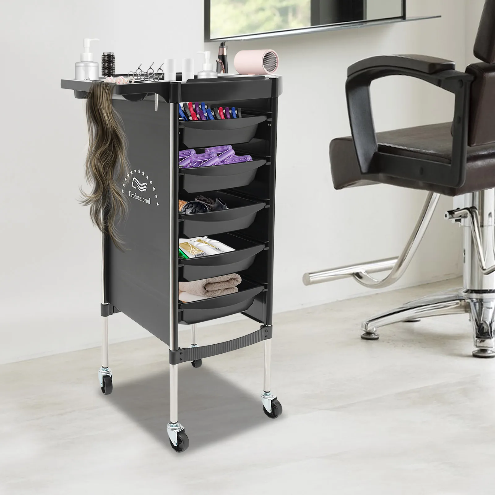 Carrello da parrucchiere multifunzionale a 6 livelli, 4 ruote, scomparti spaziali, struttura in acciaio inossidabile per strumenti da salone